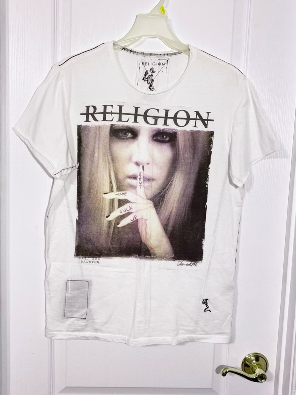 Religion London Shut Up Graphic Distressed Contrast Stitch Tee White Medium
